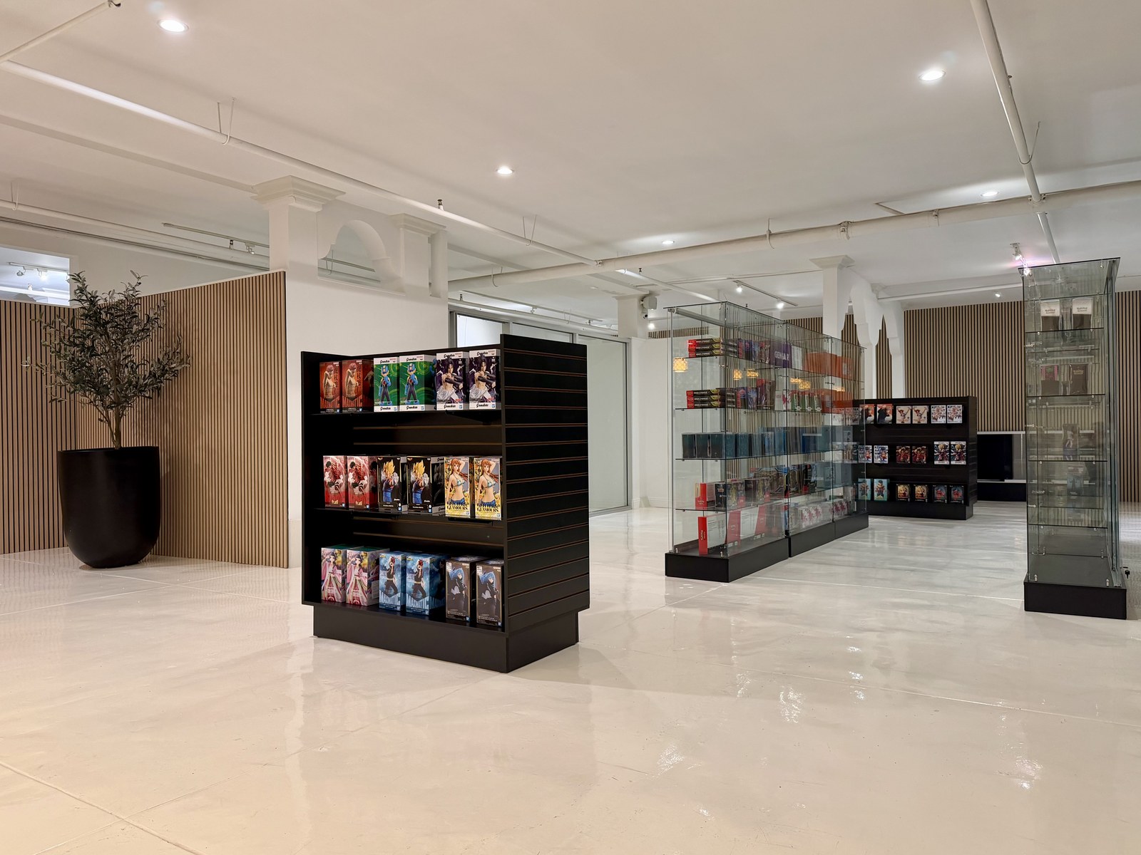 Collectible figures on display shelving